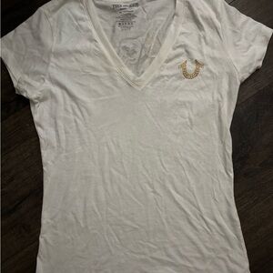True Religion Cream V-Neck Tee with Gold Logo